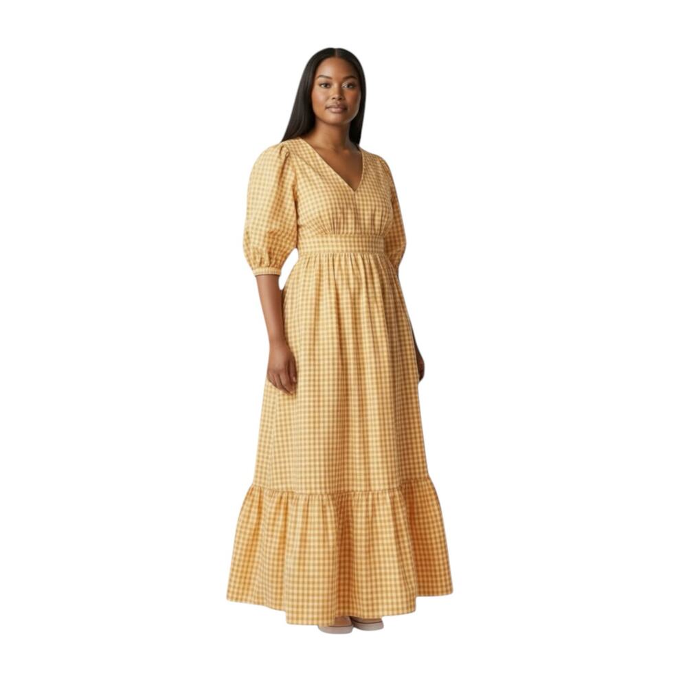 Womens Maxi Gingham Fit & Flare The Drop Orange Dress Prairie Cottagecore